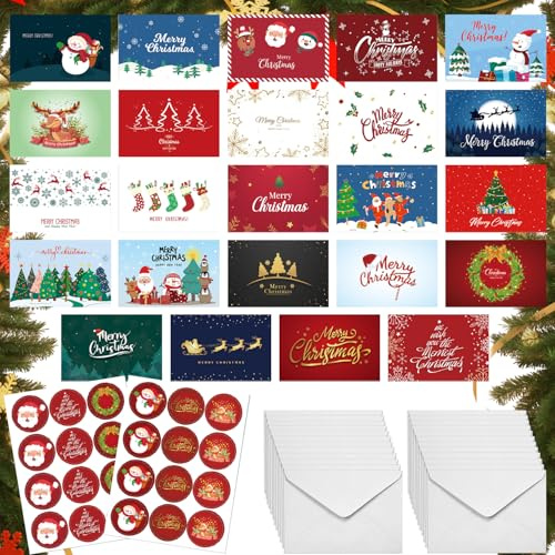 Rayong Biglietti di Natale con busta, set di 24 cartoline natalizie di alta qualità, con adesivi, ideali per regali, colleghi, familiari e auguri di Natale