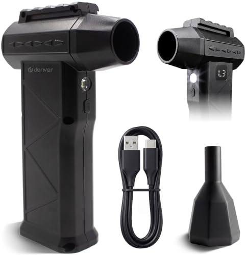 Denver Souffleur à Batterie, Mini Souffleur Sans Fil Puissant, 110000 RPM | Souffleur batterie, Air Duster, 110000 RPM, 6000 mAh, USB C, LED, 2 embouts, Écran batterie
