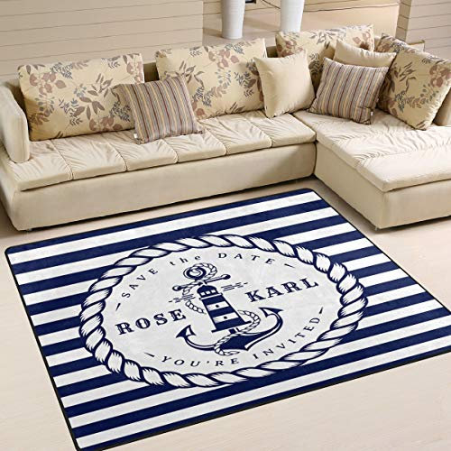 Use7 Nautischer Anker Leuchtturm gestreifter blauer Teppich für Wohnzimmer Schlafzimmer 160 cm x 122 cm