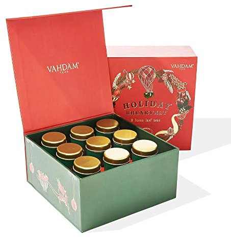 VAHDAM, Christmas Tea Gift Set (6.3oz/90+ Cups) Holiday Breakfast Tea, 9 Loose Leaf Tea In a Luxury Gift Box | Christmas Gifts For Women & Men, Holiday Tea Gift Box