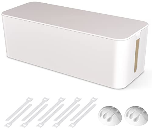 Cable Management Box, Large Cord Organizer Box to Hide Power Strip & Under Desk,TV Computer Wires Cable Organizer Hider Box with Cable Clips&Reusable Cable Ties for Home/Office(White)