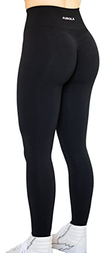 AUROLA Workout Leggings for Women Seamless Scrunch Tights Tummy Control Gym Fitness Girl Sport Active Yoga Pants (L, Black)