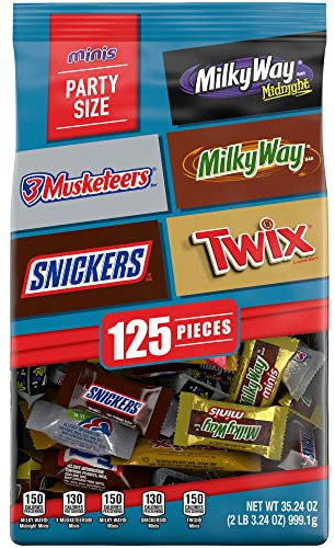 SNICKERS, TWIX, 3 MUSKETEERS, MILKY WAY & MILKY WAY Midnight Minis Back to School Chocolate Bar Variety Pack, 35.24oz (125 pieces) Bulk Candy Bag
