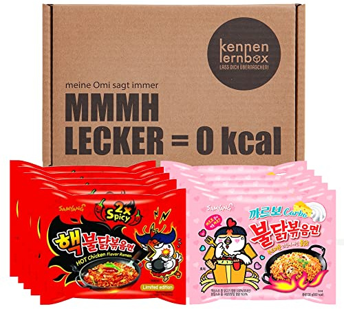Kennenlernbox 10er Buldak Box | Samyang Hot Chicken Ramen Combo | 5er Pack 2 x Spicy & 5er Pack Carbonara (2x Spicy & Carbonara)