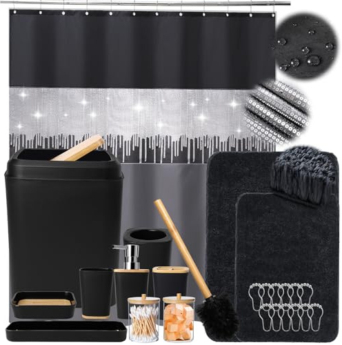 Svart badrumstillbehörsset med glitter duschdraperi och halkfria badmattor, 12 st badset med papperskorg, tandborsthållare, kopp, lotiondispenser, bricka, tvålfat, toalettborste, Qtip hållare