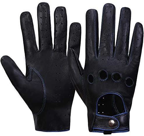 MGGMOKAY Guanti da guida in pelle touchscreen da uomo sfoderati,nero blu,L