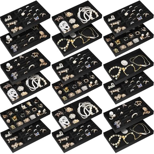 Junkin 18 Pcs Velvet Jewelry Tray, Stackable Jewelry Organizer Trays for Drawer, Jewellery Box Divided Display Tray, Jewelry Inserts for Drawer for Rings Earring Bangle Necklaces(Black)