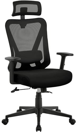 Yaheetech Kontorsstol ergonomisk, skrivbordsstol med justerbart nackstöd, armstöd, ländryggsstöd, snurrstol, chefsfåtölj, höjdjustering och gungfunktion, ryggvänlig, svart