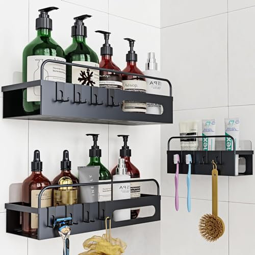 Uamector Duschablage ohne Bohren - 3 Stück Badezimmer Regal Duschkorb Shampoo Halterung - Rostfrei Schwarz Duschregal für Duschgel mit 12 Haken und 8 Silikonpads