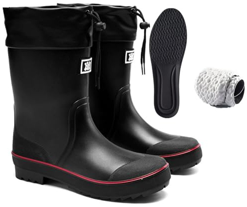 E KAINI Rain Boots Men, Mens Garden Boots,Waterproof PVC Rubber Boots Mens Mud Boots, Comfort Lightweight Mid-Calf Gardening Fishing Shoes for Yard Farm Outdoor Work, Black+red, 11 Wide