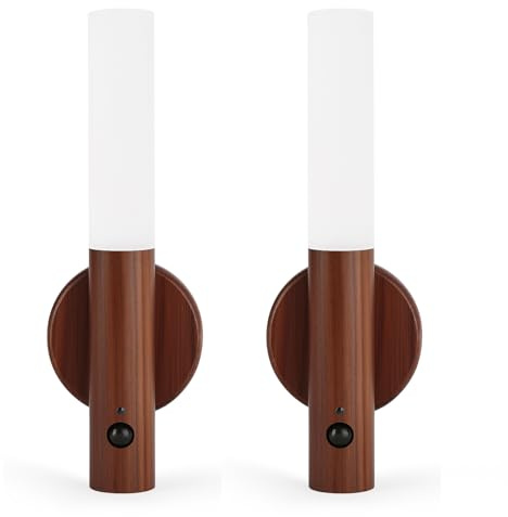LANDGOO LED Motion Sensor Lights, Set of 2 Battery Operated Stick on Wall Sconces, Rechargeable Lighting for Hallway Stairway, Magnetic 360° Rotation for Indoor Lamps (Black Walnut Wood 2PCS)