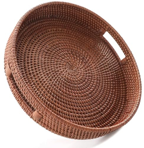 HITOMEN 14.2 Hand-Woven Round Rattan Serving Tray Decorative Ottoman Wicker Platter with Handles for Coffee Table, Breakfast, Drinks, Snack, Bread, Fruit, Vegetables (Brown - L)
