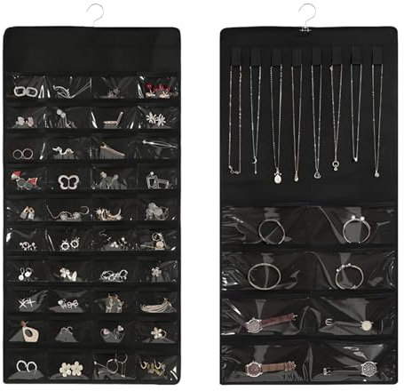 Schmuck-Organizer zum Aufhängen, 48 Taschen mit Aufhänger, doppelseitig, Wand-Schmuckhalter für Schrank, über der Tür, für Halsketten, Ohrringe, Rolltasche für Damen, Ringarmband, Schwarz, 2 Stück