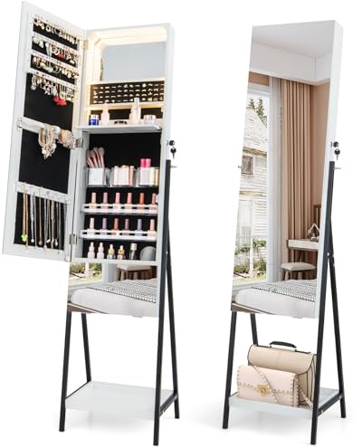 COSTWAY Armadietto Portagioie da Terra, Specchio Portagioie con Specchio Senza Cornice, Luci LED a 3 Colori, con Cassetto e Ripiano, 41 x 35 x 166 cm (Bianco)