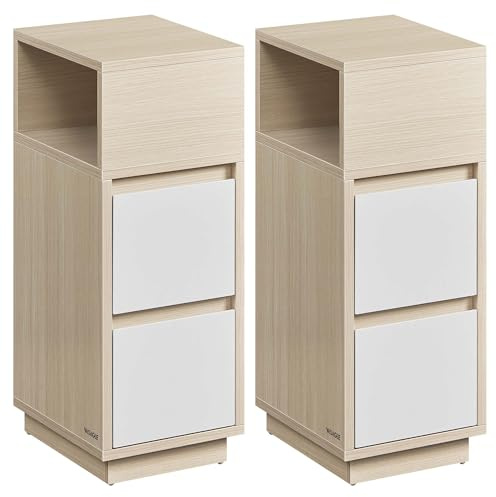 VASAGLE KAILYN Collection - Slim Bedside Tables, Set of 2 Small Narrow Side End Tables with Drawers, Flexible Open Compartment, for Bedroom, Living Room, Natural Beige and Cloud White LET856N01
