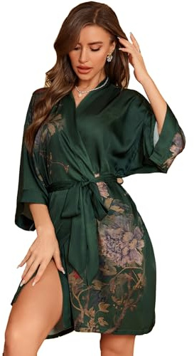 LOCIIXAT Robe kimono en satin pour femme - Imprimé floral - Robe de chambre courte en satin - Robe de chambre ample pour demoiselles d'honneur