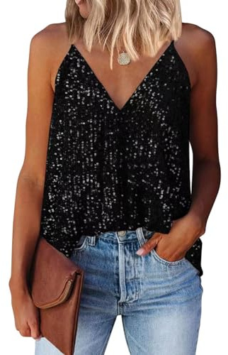 AirMood Women 's Sexy V Neck Shining Lentejuelas Chaleco Lentejuelas Top Las Vegas Disco Lentejuelas Chaleco, Negro, XXL