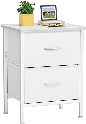 HOMIDEC Bedside Table,Side Table with 2 Fabric Drawers and Metal Frame,Large Capacity Storage Bedside Cabinet for Bedroom,Living Room and Sitting Room ect.White Leather