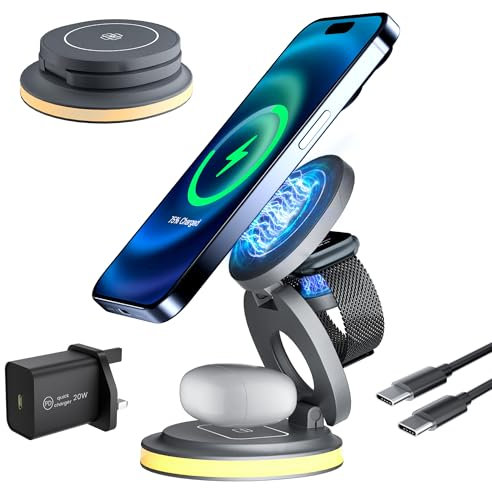 PKBD 3 in 1 Mag-safe Wireless Charging Station, 20W Foldable Travel Magnetic Wireless Charger Stand with Night Lights for iPhone 16 15 14 13 12 Pro/Max/Plus, Apple Watch & AirPods Pro 4 3 2, Grey