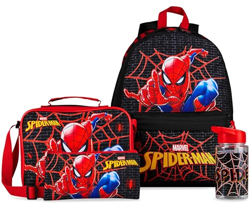 Marvel Spiderman Sac à Dos Enfant Set 4 Pièces Cartable Garçon Gourde 540ml Trousse Scolaire Sac Repas Isotherme Fournitures Scolaires