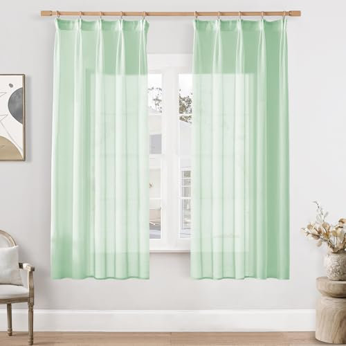 Softalker Grüne Gardinen mit Kräuselband Vorhänge Transparent Stores Gardine Schal 160 cm Hoch Leinenoptik Vorhang 2er Set für Schiene Fenstergardinen Curtains Deko Wohnzimmer Schlafzimmer,140cm Breit
