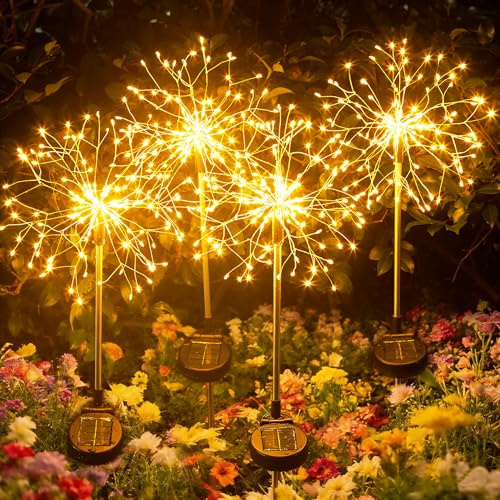 INMKALI Solar Garden Lights Outdoor Yard Decorations, 4 Pack 150Leds Pathway Light, Fairy Firework Stake Lights for Garden, Patio, Pathway, Flowerbed Gold Color