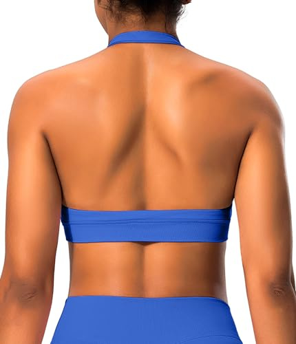 Comper Halter Sports Bras for Women Backless Workout Bra Seamless Open Back Strappy Yoga Bra Crop Top with Removable Cups(Sapphire Blue-S)