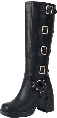 XIEPP Botas altas hasta la rodilla para mujer con hebilla de metal Comfort Botas de motorista con caña suave y tacón grueso, Negro , 38 EU