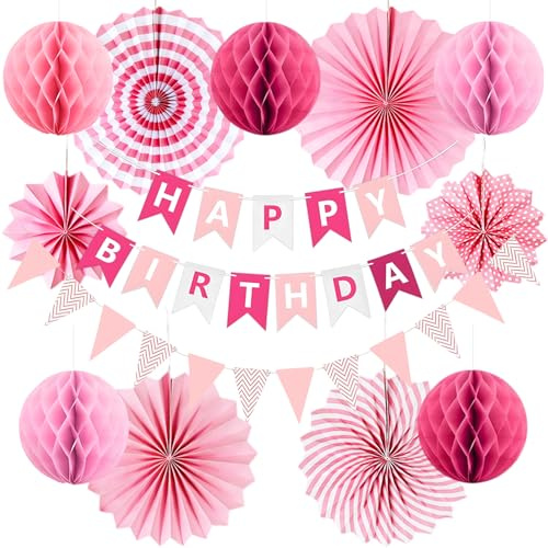 Decorazione Compleanno Rosa, Buon Compleanno Decorazioni Ragazza Donna Rosa con Striscione Happy Birthday Bandierine Ventagli di Carta Appesi Sfere a Nido d'ape, Kit Addobbi Festa Happy Birthday.