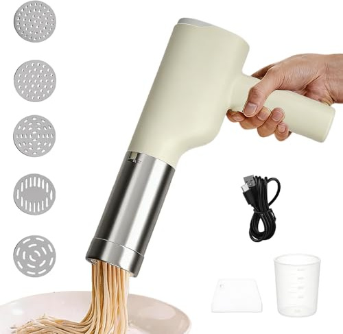Elektrisk pastamaskin, påfyllningsbar degmaskin, färsk pastamaskiner med 5 pastaformar, Rostfritt stål pastapress för picknick eller hushåll