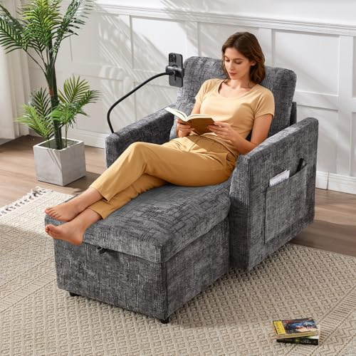 LVHOM 49'' Chaise Lounge Chair Indoor for Single, Comfy Upholstered Deep Seat Reading Arm Chair with Phone Bracket & Storage, Modern Chenille Single Sofa for Living Room, Bedroom, Movie Room (Gray)