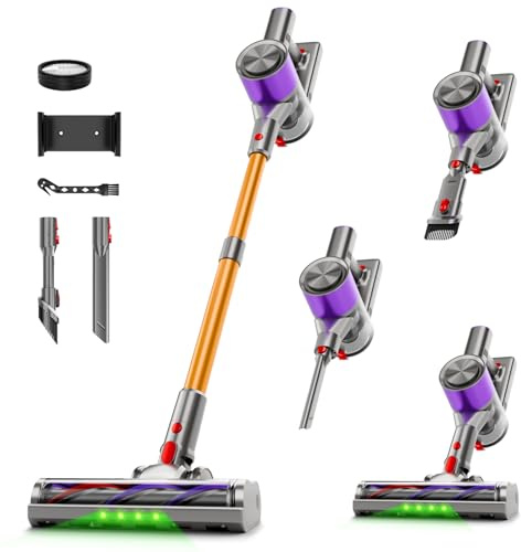 Clinkal Cordless Stick Vacuum Cleaner, 40Kpa Powerful Suction Vacuum Cleaner with LED Headlight, Detachable Battery, 8-in-1 Lightweight Handheld Vacuums for Pet Hair Carpet and Hardwood Floor, Purple