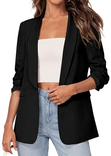 PRETTYGARDEN Women's 2026 Spring Blazers Business Casual Outfits Open Front Ruched 3/4 Sleeve Lightweight Work Suits Jackets (Black,Medium)