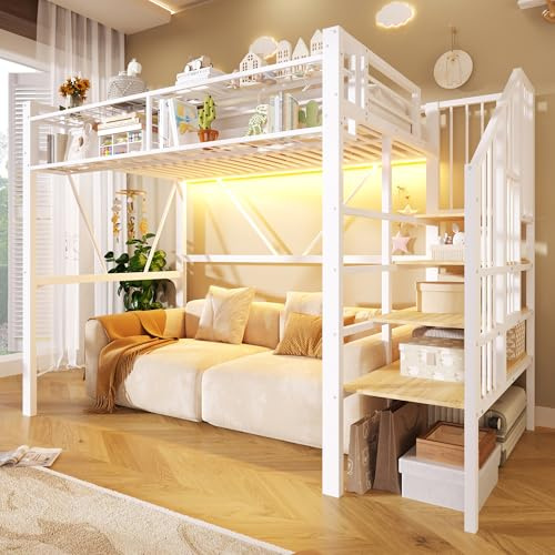 Lit mezzanine 90 x 200 cm en métal, lit mezzanine 1 place avec barrière de sécurité, espace de rangement en dessous et escalier,éléments grillagés, panier de rangement,bande lumineuse LED,sans matelas
