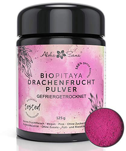Aloha Sana | Drachenfrucht Pulver Bio 125g ohne Zusätze | Pitaya Pulver im Ultraviolettglas | Dragon Superfoods Gefriergetrocknet und laborgeprüft