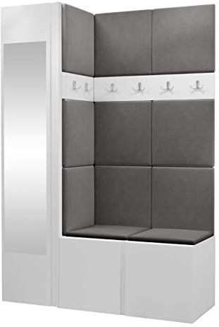 Mirjan24 Garderoben-Set Monati X, Kleiderschrank mit Spiegel, Schuhschrank + 2X Kleiderhakenbrett Gepolstertes Paneel/Wandpaneel, 6 Doppelhaken Flurgarderobe, Wandgarderobe (Weiß, Manila 16)