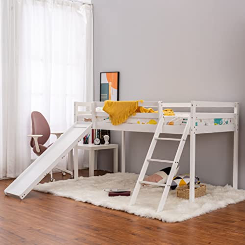 Mid Sleeper Bed with Slide, White Single Bed for Kids 3FT Solid Pine Wood Bunk Bed with Ladder, White