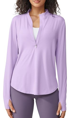 G4Free Maglietta sportiva da donna, a maniche lunghe, UPF 50+, con mezza cerniera, protezione UV, per lo sport, leggera, ad asciugatura rapida, rashguards, viola., S