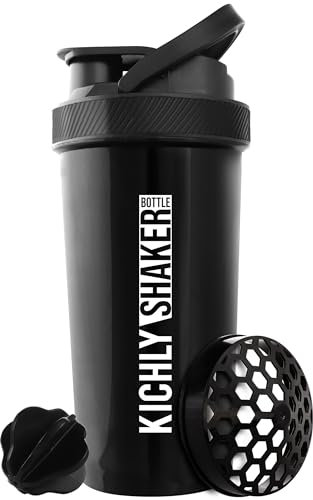 KICHLY Bottiglia Shaker 800ml - Bottiglia Shaker per proteine in plastica per pre- e post-allenamento, con chiusura a scatto, sfera Shaker in plastica - Nero, Confezione da 1