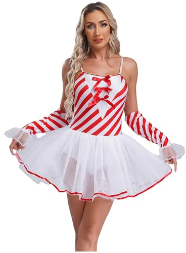 CHICTRY Costume da Babbo Natale Donna Abito da Pattinaggio Artistico Balletto Tutu Leotards con Strisce Guanti Body da Ballo Latino Costumi di Carnevale Rosso M