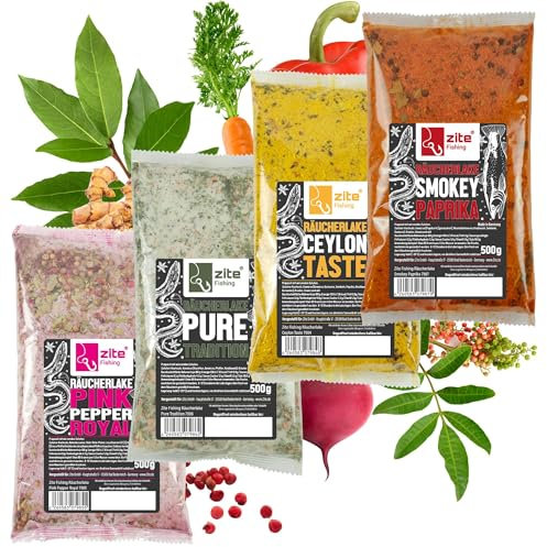 Zite Fishing Räucherlaken Set 4x500g - Natürliche & Exotische Gewürzmischungen - Räuchern von Forelle, Aal & mehr - Räucherlauge für Fische