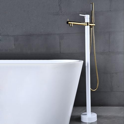 XJTNLB Grifo Ducha Grifo Suelo Bañera Exenta Monomando Griferia Bañera Exenta Caño Giratorio para Baño,Blanco+Dorado