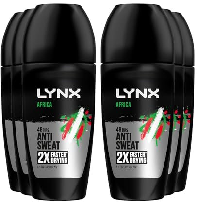 Lynx Africa Roll On 48 Hours Anti Sweat Faster Drying Anti-Perspirant with Long Lasting Sweat and Odour Protection Travel Size Deodorant for Men for All Skin Types, 50ml Pack of 6