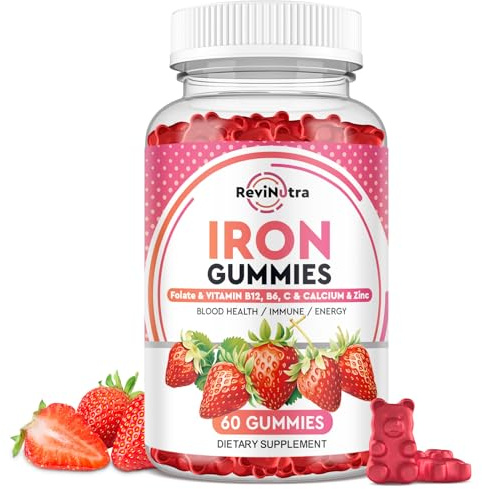 Iron Gummies - with Calcium, Zinc, Folate & Vitamin B12, C,B6 for Adults & Kids - Blood Builder & Energy Support for Iron Deficiency, Anemia, Vegan - 60 Gummies