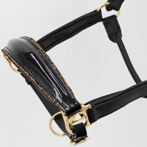 Heinick Lederhalfter ~ Shiny Schwarz-Gold ~ estra weich mit Glitzer-Besatz Vollblut