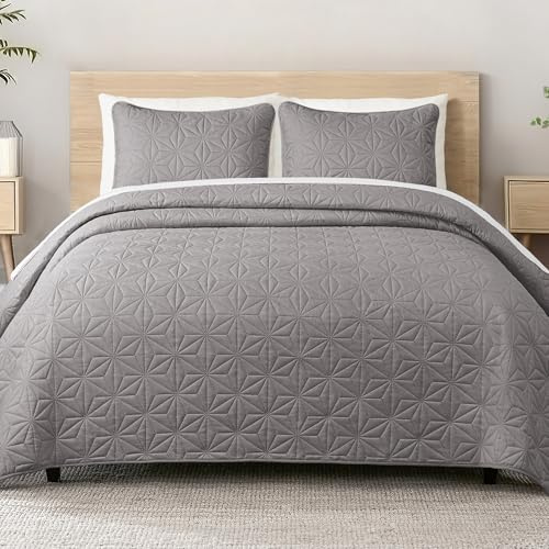 Whale Flotilla Colcha Bouti para Cama 240 x 260 cm, con 2 Fundas de Almohada, Colcha para Suave y Ligera con Diseño Geométrico para 4 Estaciones, Gris Claro