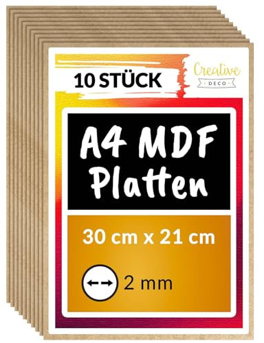 Creative Deco 10 x A4 MDF Tablero Madera | 300 x 210 x 2 mm | Perfecto para Corte por Laser, CNC Router, Modelado, Calado, Bricolaje, Manualidades