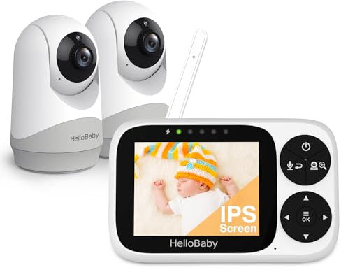 HelloBaby Babyphone mit 2 Kameras, 3,2 Zoll IPS Bildschirm Baby Kamera kein WLAN, Nachtsicht, VOX-Modus, Schwenken, Neigen Zoomen Temperaturüberwachung, 2-Wege-Audio, Schlaflied