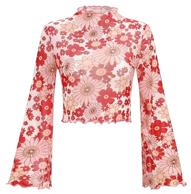 FYMNSI Haut en maille transparente pour femme - Style bohème - Style hippie des années 70 - Col roulé - Manches cloches - Tunique