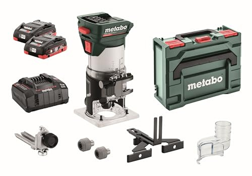 metabo Akku-Kantenfräse FMV 18 LTX BL 8-18V, Brushless-Motor, 2x4Ah LiHD Akkus, Ladegerät ASC 55, metaBOX 145 L - für Holz und holzähnliche Werkstoffe, präzise Tiefeneinstellung, ergonomisch